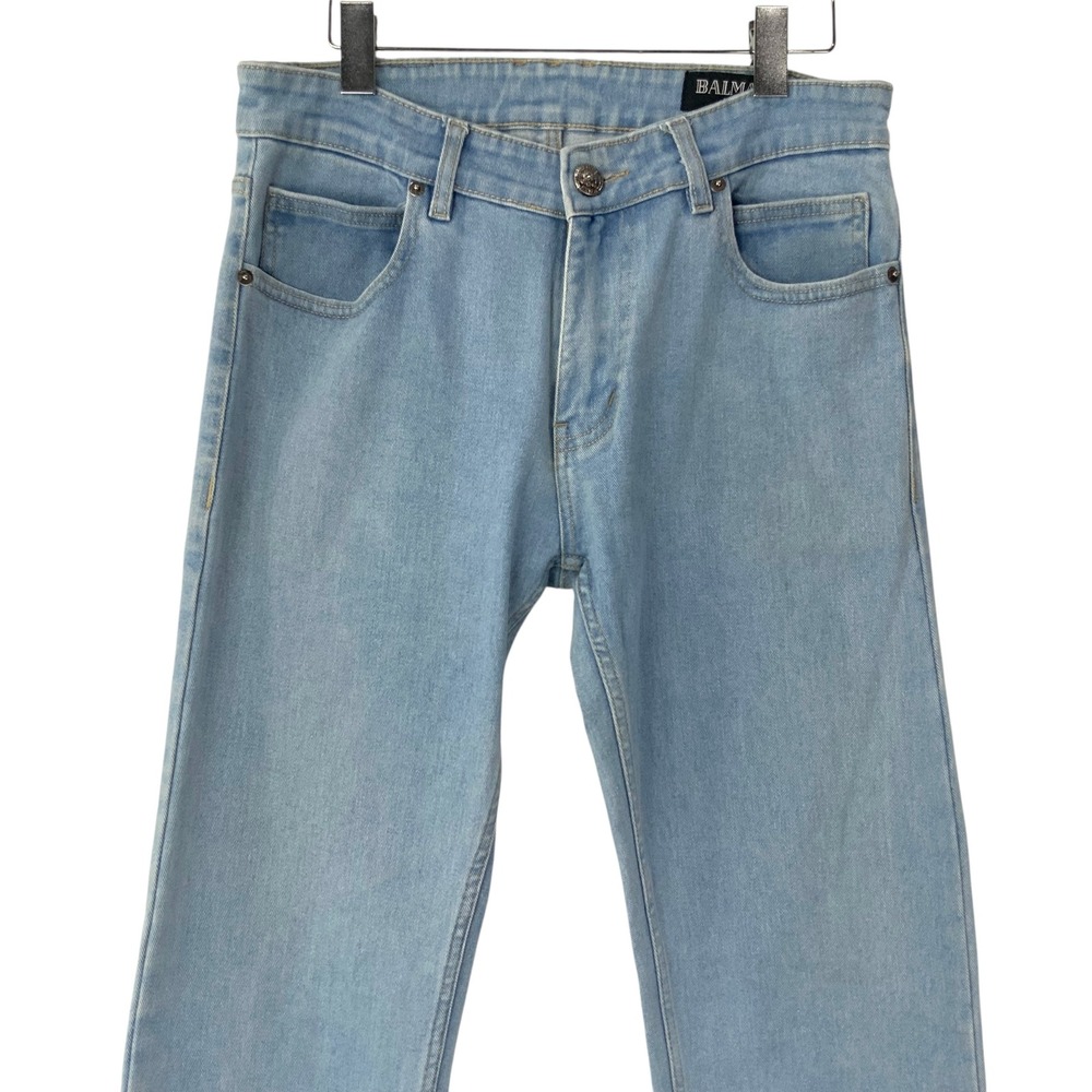 Balmain Light Blue Jeans 32 Button Zip Mid Rise Straight Monogram Back Pockets - Picture 2 of 10